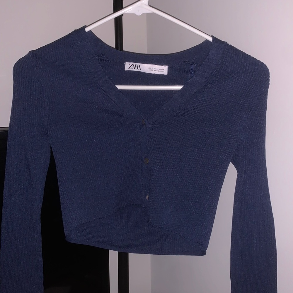Zara Navy Blue Knit Button Cropped Sweater
